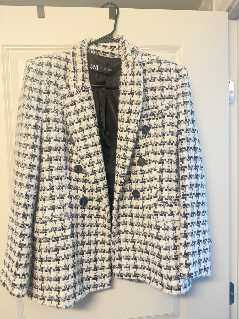 Zara Black & White Tweed Double-Breasted Blazer